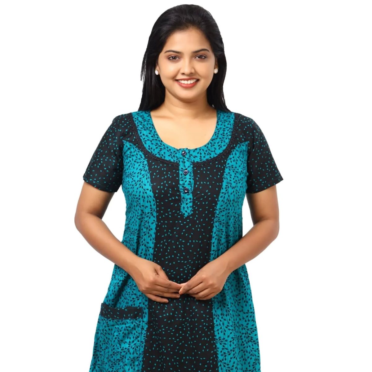 - Comfortable Churidar Model Cotton Nighty - 55 Inches Long - Green