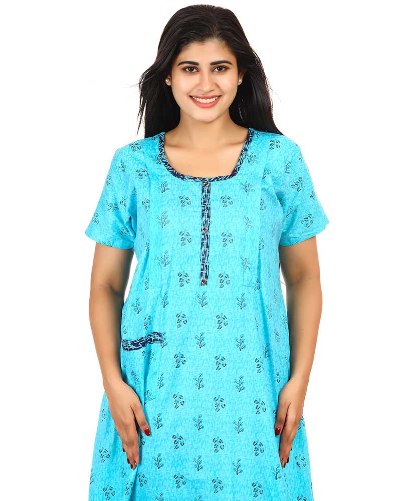 - Pure Cotton Feeding Nighty With Side Zips For Mothers -55 inches Long
