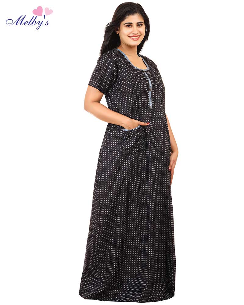 - Pure Cotton Feeding Nighty With Side Zips For Mothers -55 inches Long - Black
