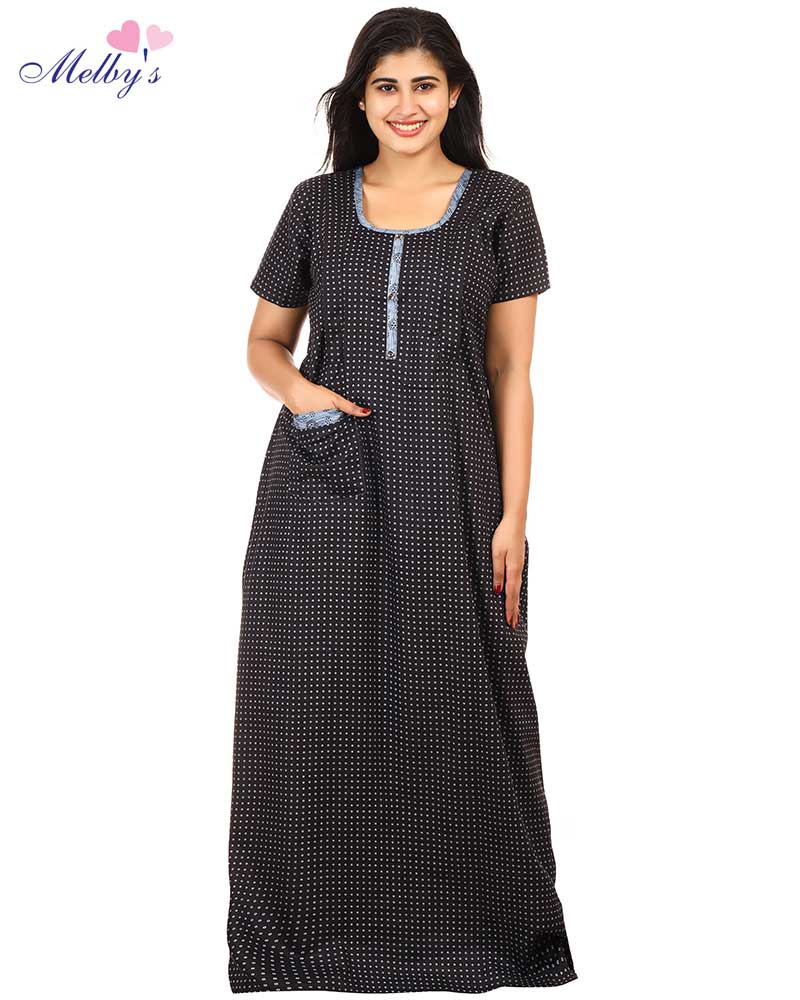- Pure Cotton Feeding Nighty With Side Zips For Mothers -55 inches Long - Black