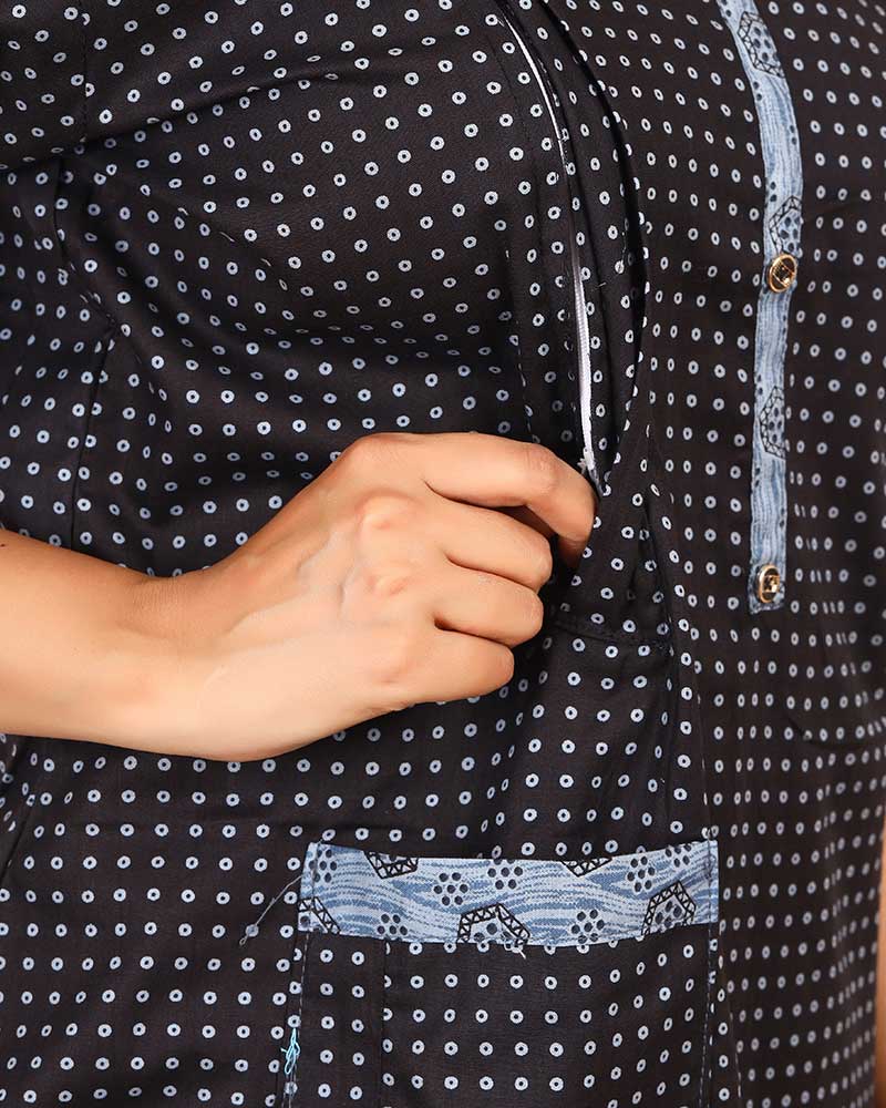 - Pure Cotton Feeding Nighty With Side Zips For Mothers -55 inches Long - Black