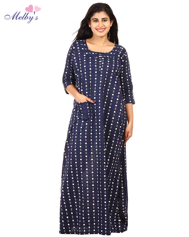 - Premium Cambric Cotton Nighty With Long Sleeves - Buttons Type