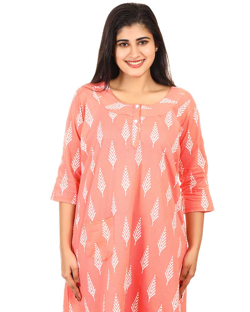 - Premium Cambric Cotton Nighty With Long Sleeves - Buttons Type