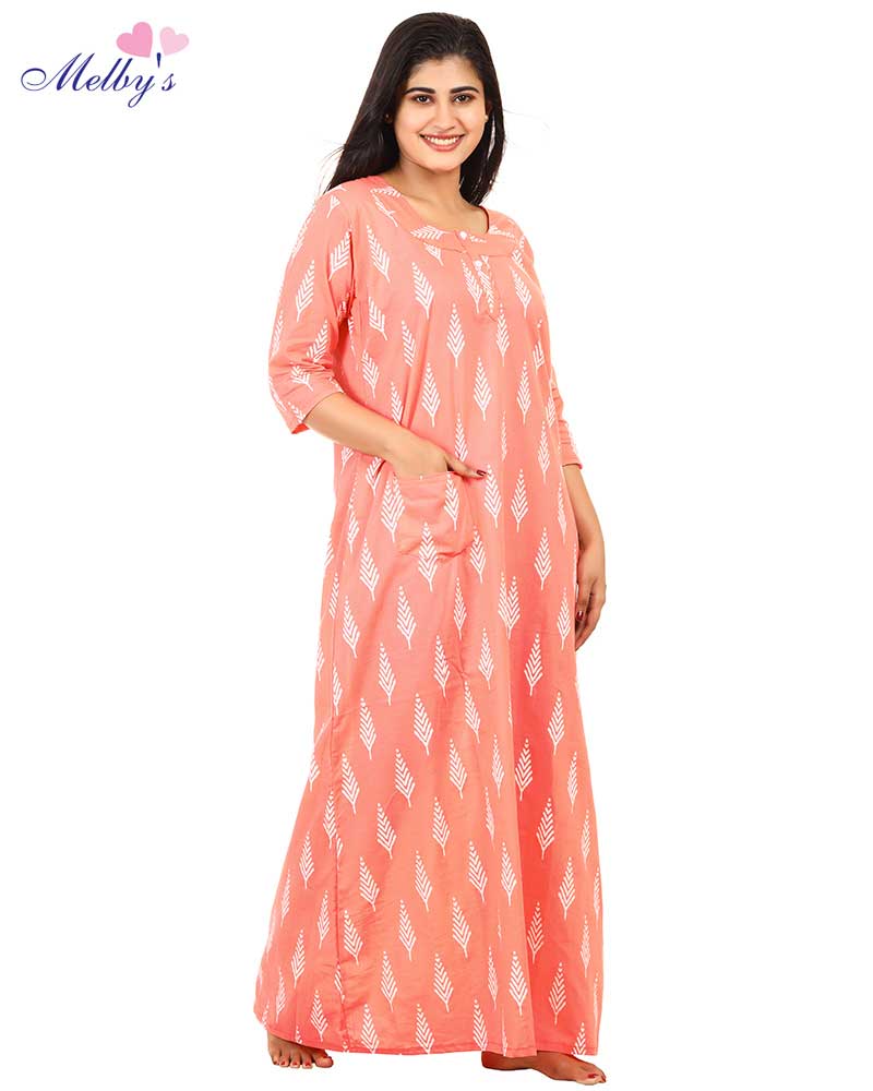 - Premium Cambric Cotton Nighty With Long Sleeves - Buttons Type