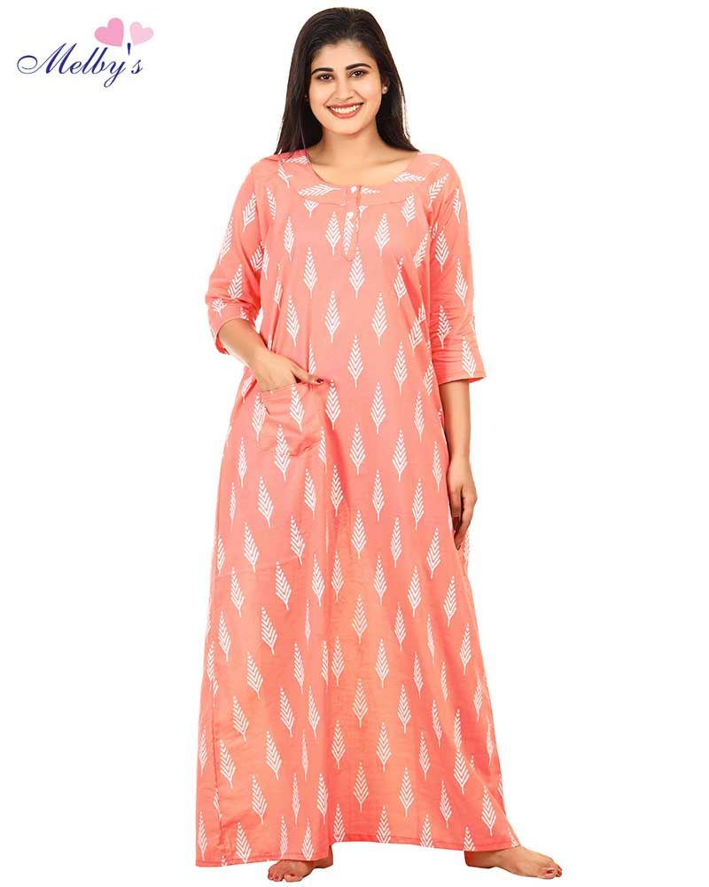 - Premium Cambric Cotton Nighty With Long Sleeves - Buttons Type