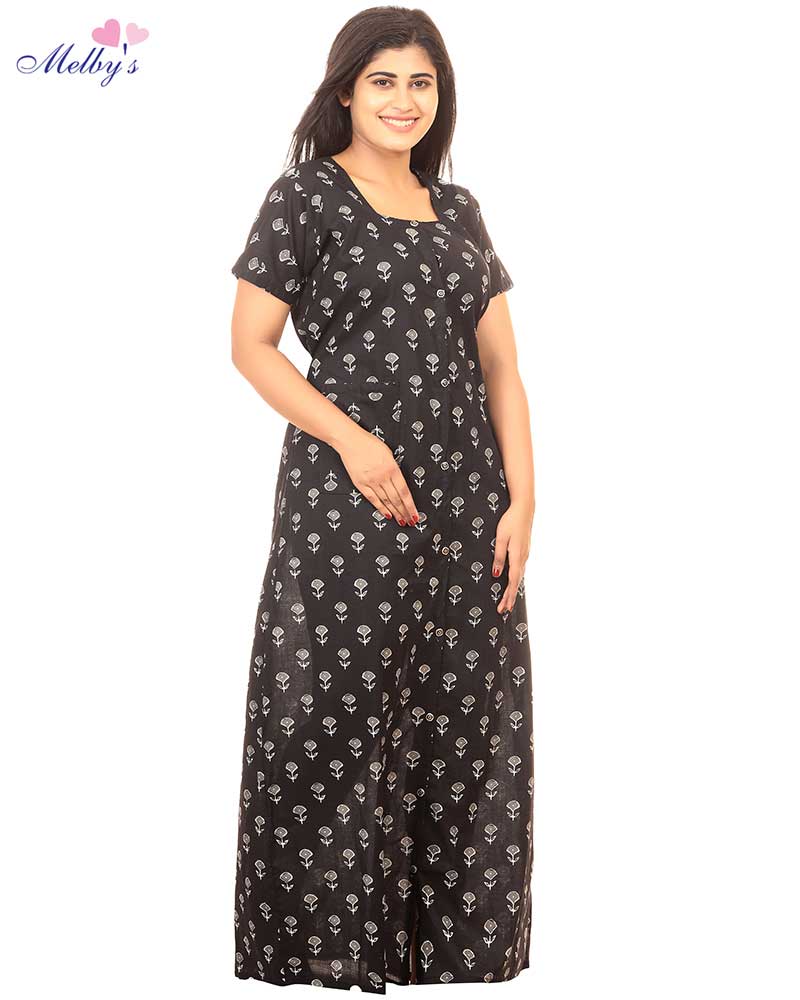 - Full Open Maternity Gown in Cambric Cotton -55 inches long - Black Colour