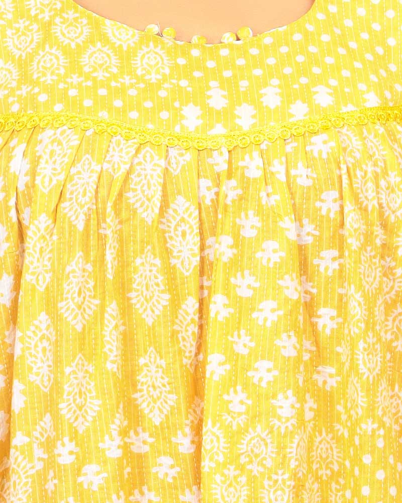- Long Sleeve Night Suit In Cambric Cotton Fabric - Top & Pants - Yellow Colour
