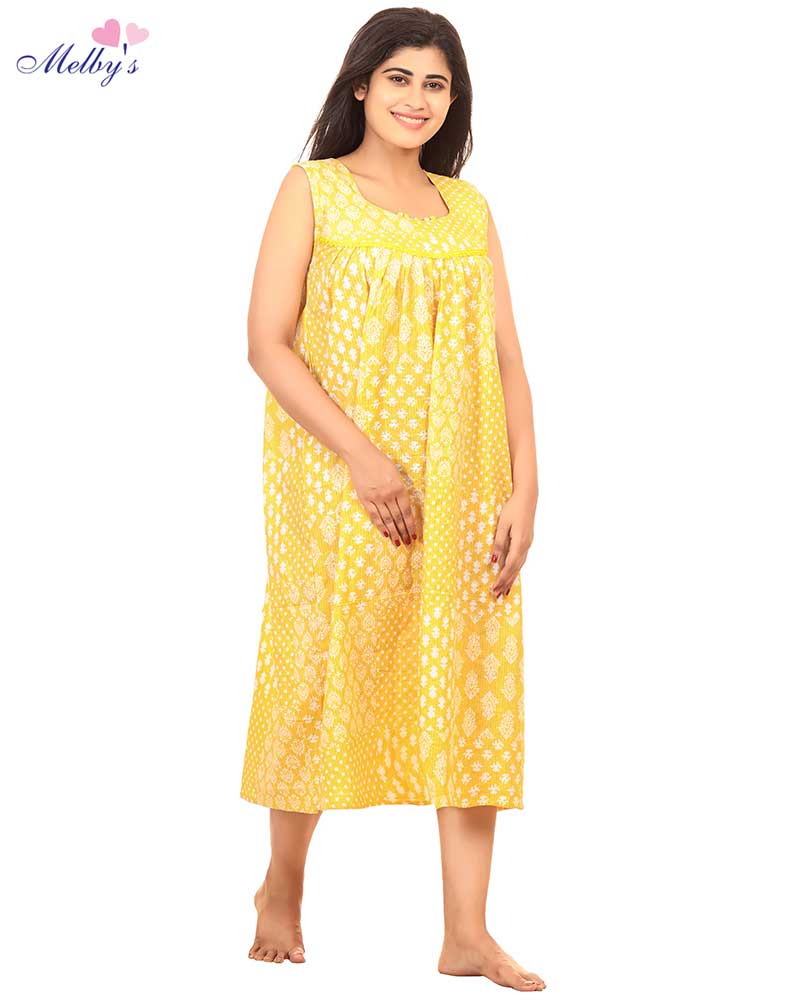 - Long Sleeve Night Suit In Cambric Cotton Fabric - Top & Pants - Yellow Colour
