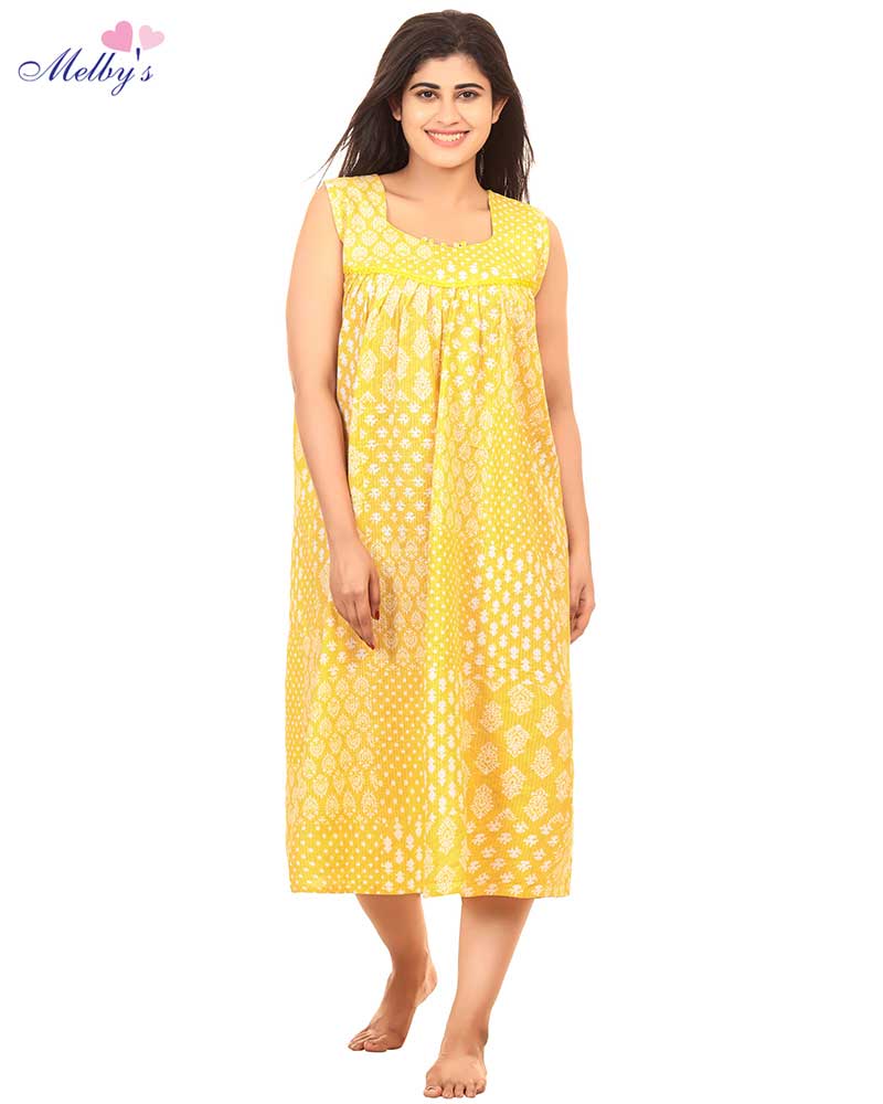 - Long Sleeve Night Suit In Cambric Cotton Fabric - Top & Pants - Yellow Colour