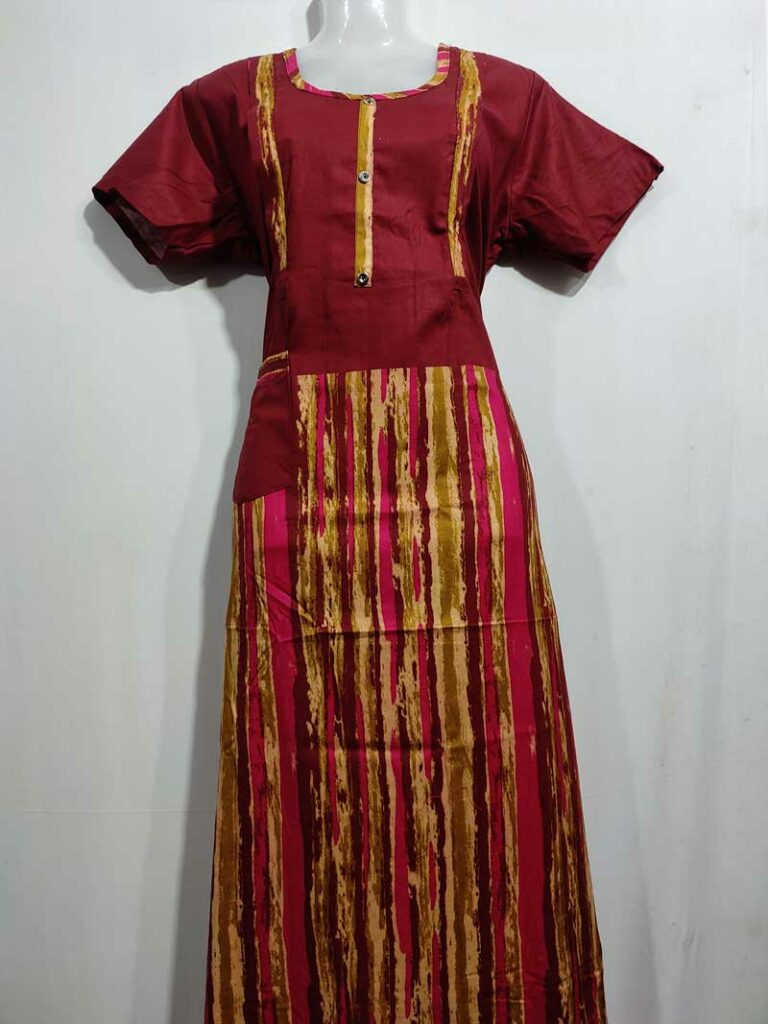 - Front Open Nighty With Pleats Stitching - Front Open Nighty With Pleats Stitching