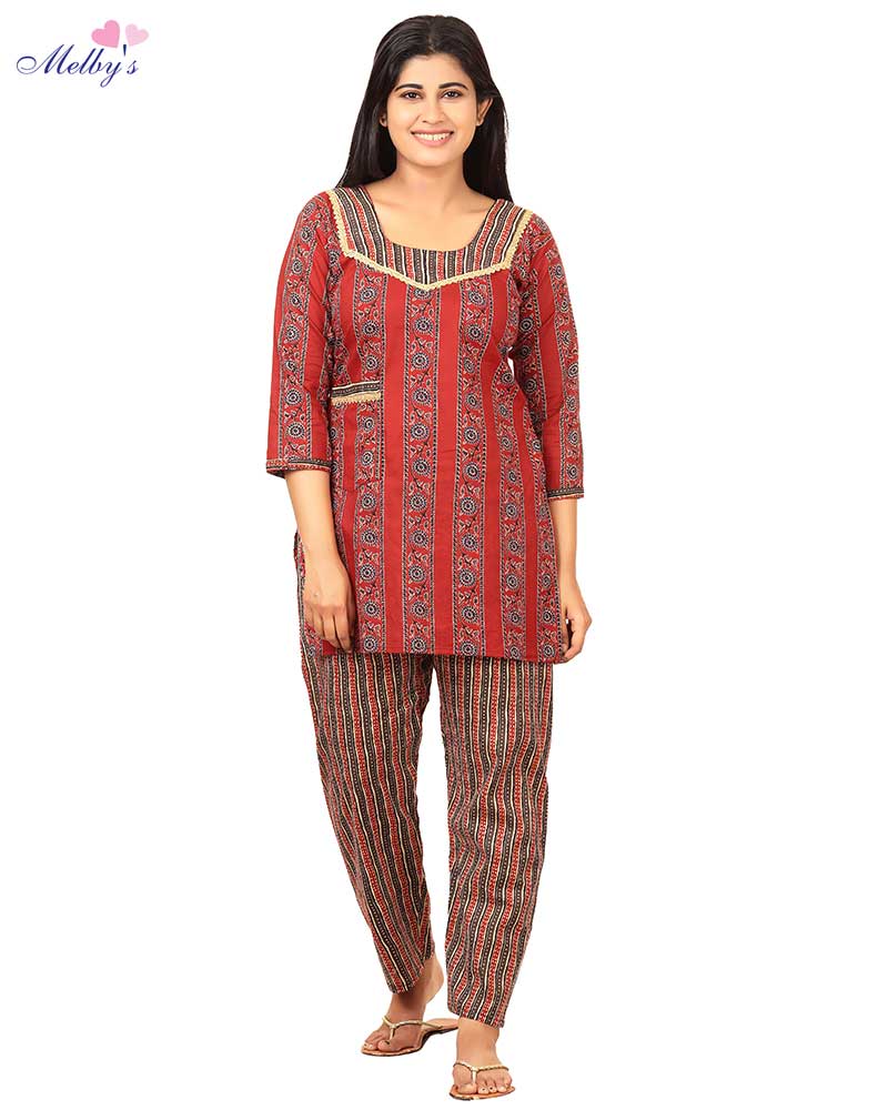 - Long Sleeve Night Suit In Cambric Cotton Fabric - Top & Pants - Maroon