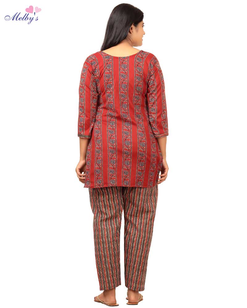 - Long Sleeve Night Suit In Cambric Cotton Fabric - Top & Pants - Maroon