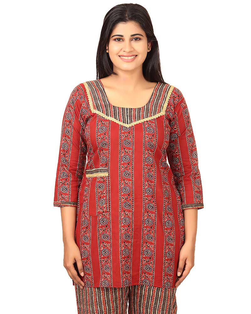 - Long Sleeve Night Suit In Cambric Cotton Fabric - Top & Pants - Maroon