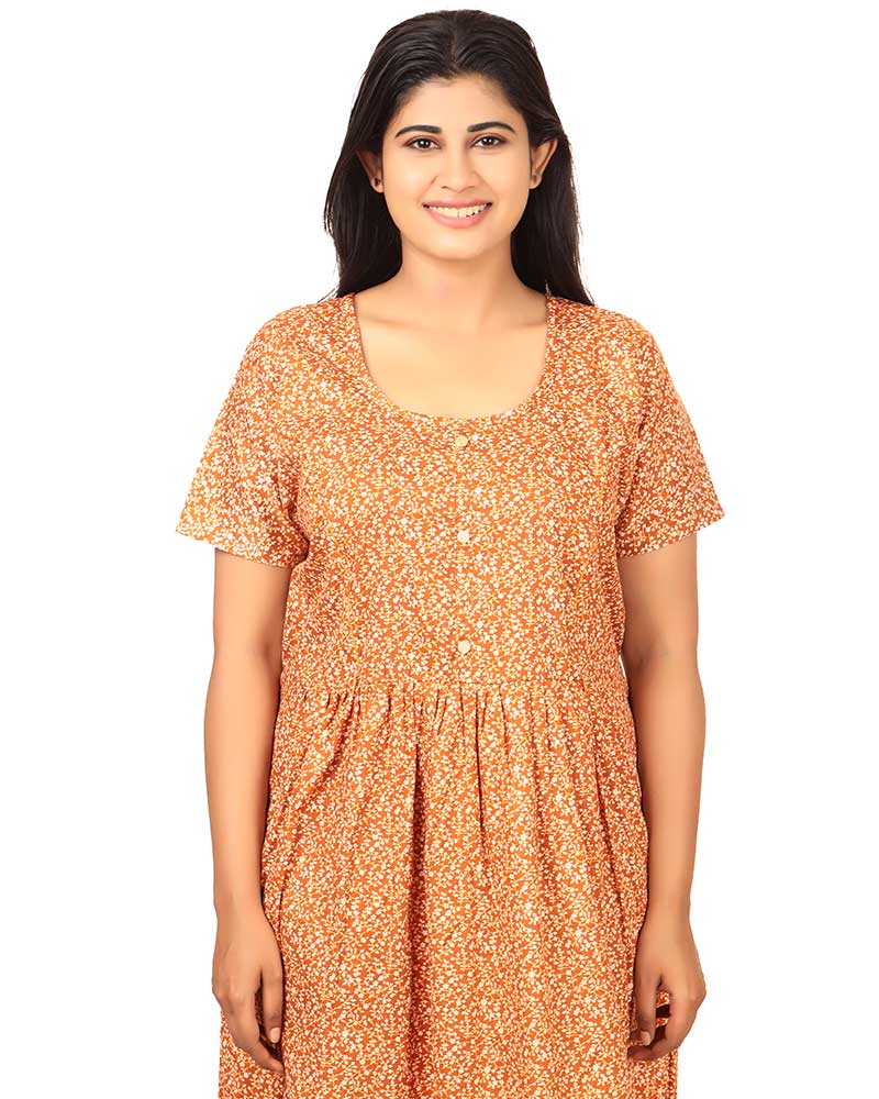 - Pure Cotton Feeding Nighty With Side Zips For Mothers -55 inches Long -orange