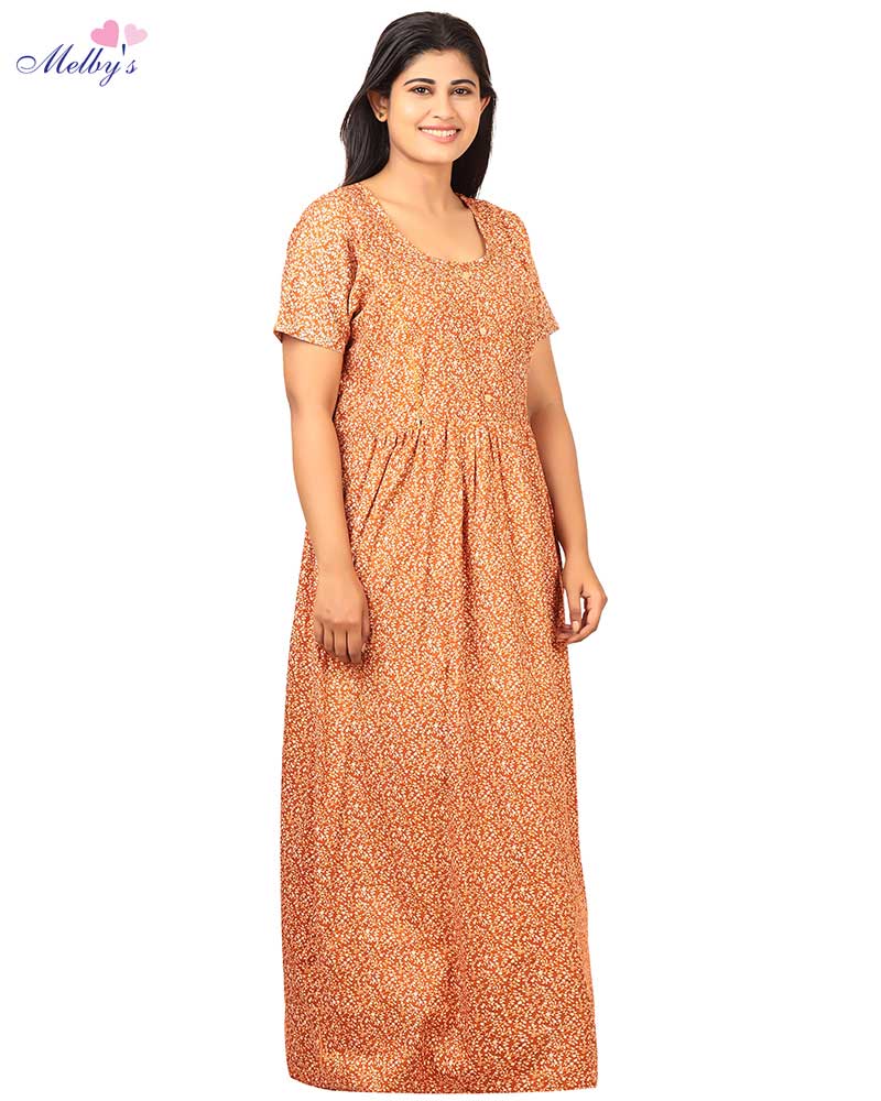 - Pure Cotton Feeding Nighty With Side Zips For Mothers -55 inches Long -orange