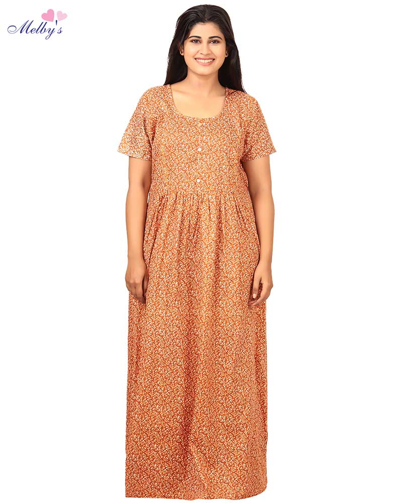 - Pure Cotton Feeding Nighty With Side Zips For Mothers -55 inches Long -orange
