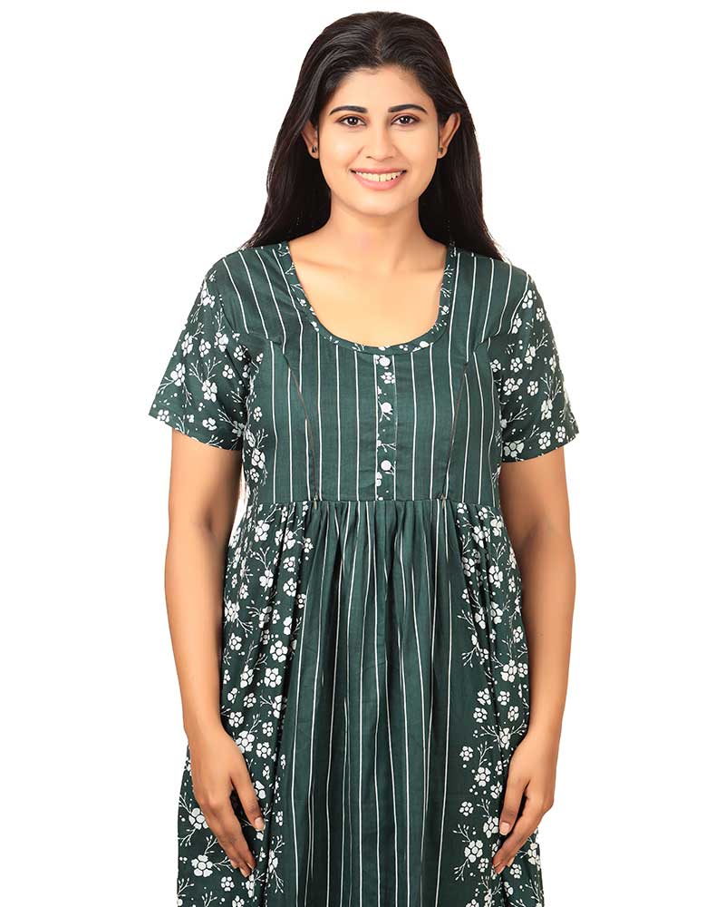 - Pure Cotton Feeding Nighty With Side Zips For Mothers -55 inches Long