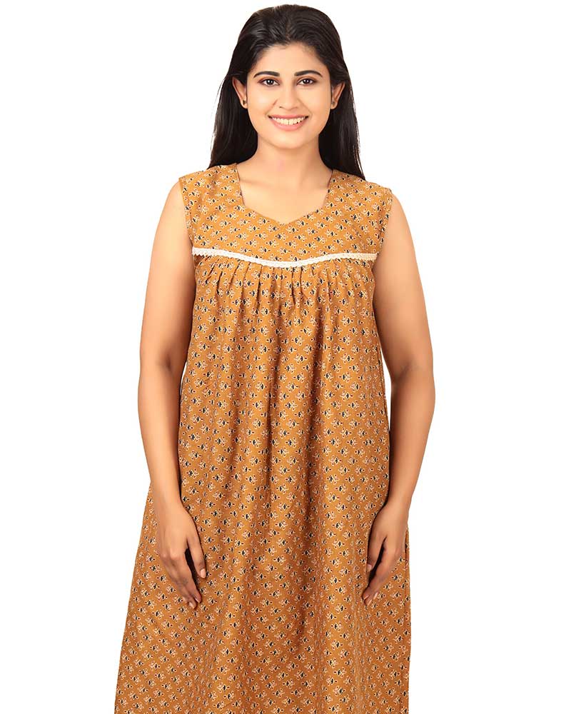 - Cambric Cotton Short nighty - Knee Length - Yellow