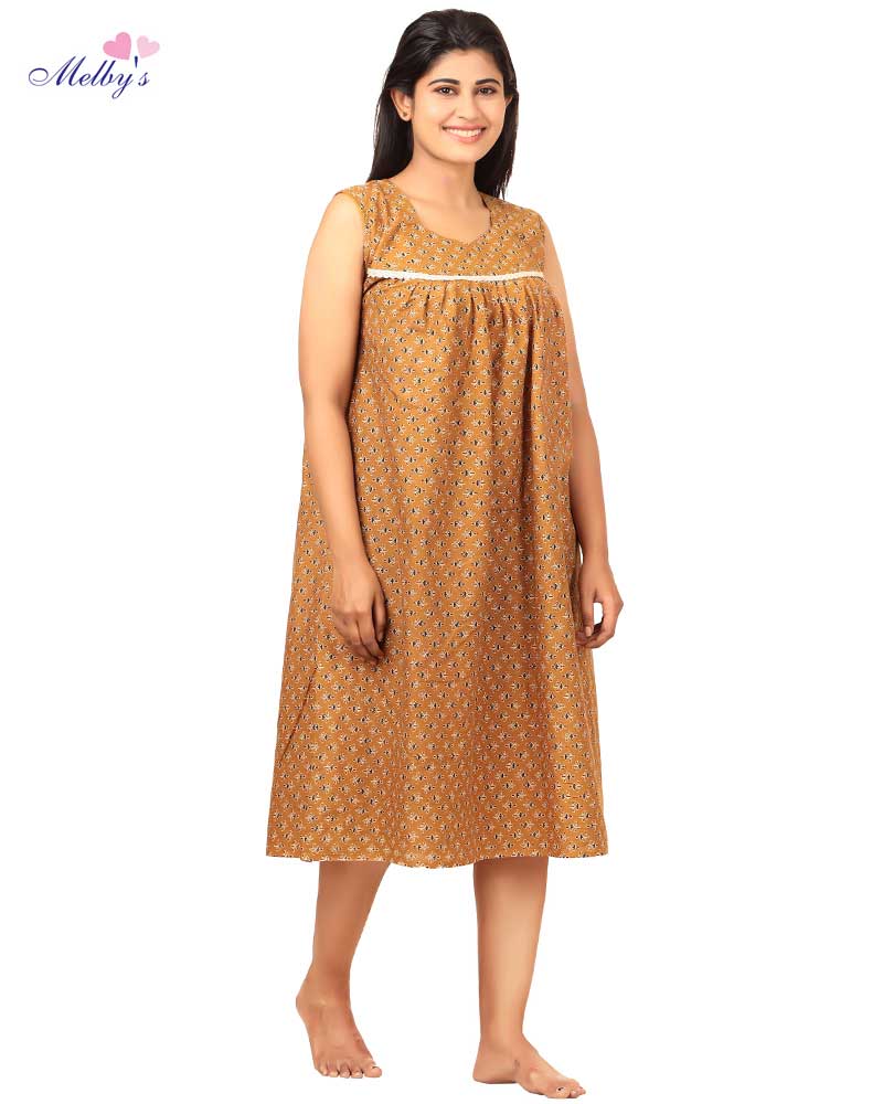 - Cambric Cotton Short nighty - Knee Length - Yellow