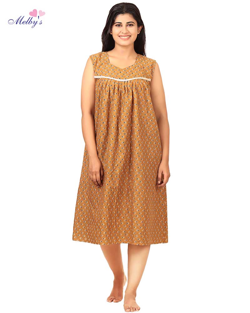 - Cambric Cotton Short nighty - Knee Length - Yellow