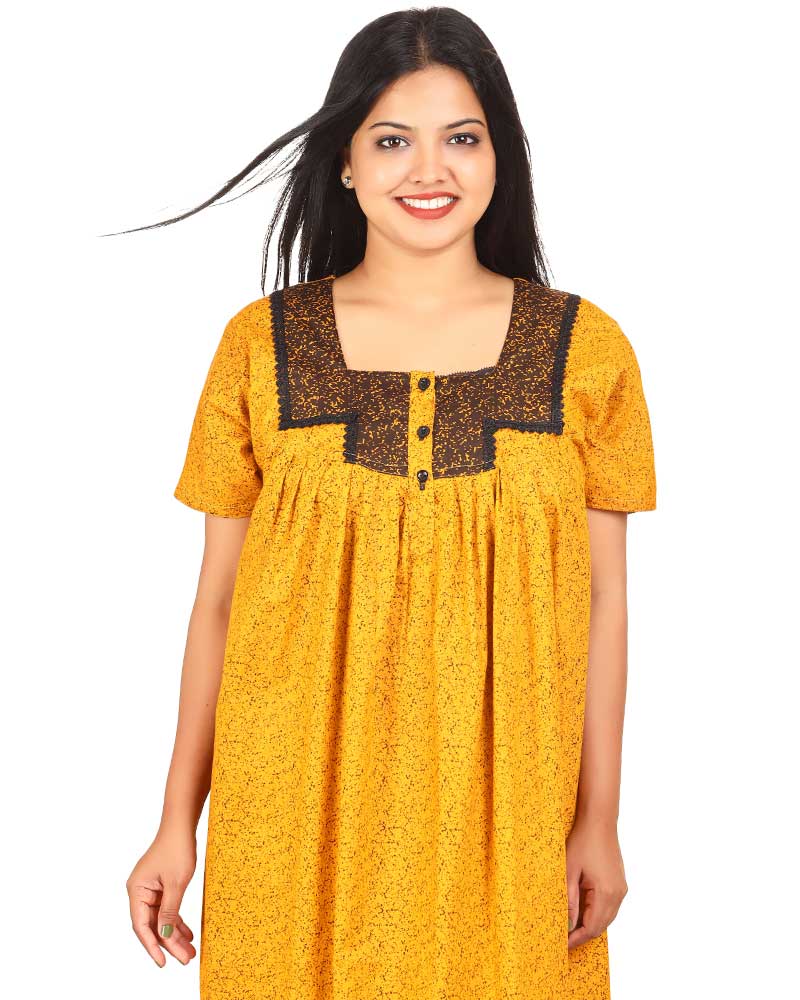 - Cotton Nighty With Buttons -55 Inches Long - Yellow