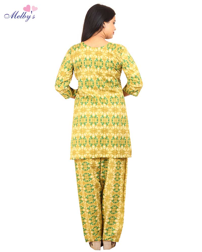 - Long Sleeve Night Suit In Cambric Cotton Fabric - Top & Pants - Yellow