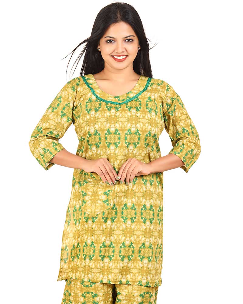 - Long Sleeve Night Suit In Cambric Cotton Fabric - Top & Pants - Yellow