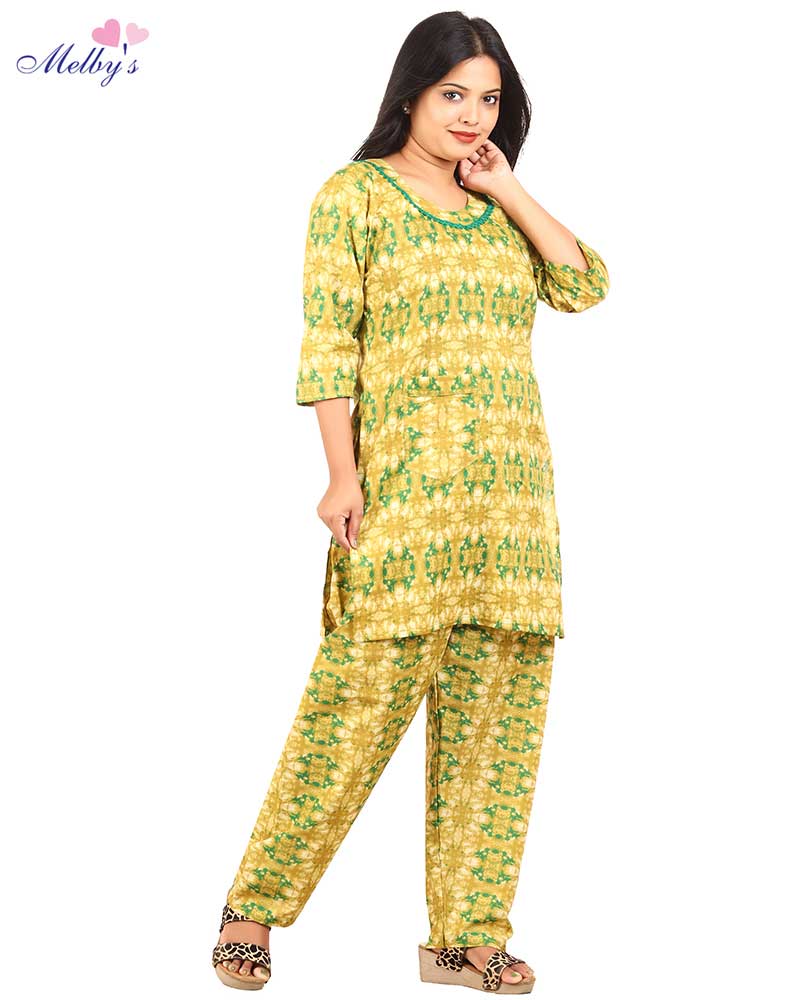- Long Sleeve Night Suit In Cambric Cotton Fabric - Top & Pants - Yellow