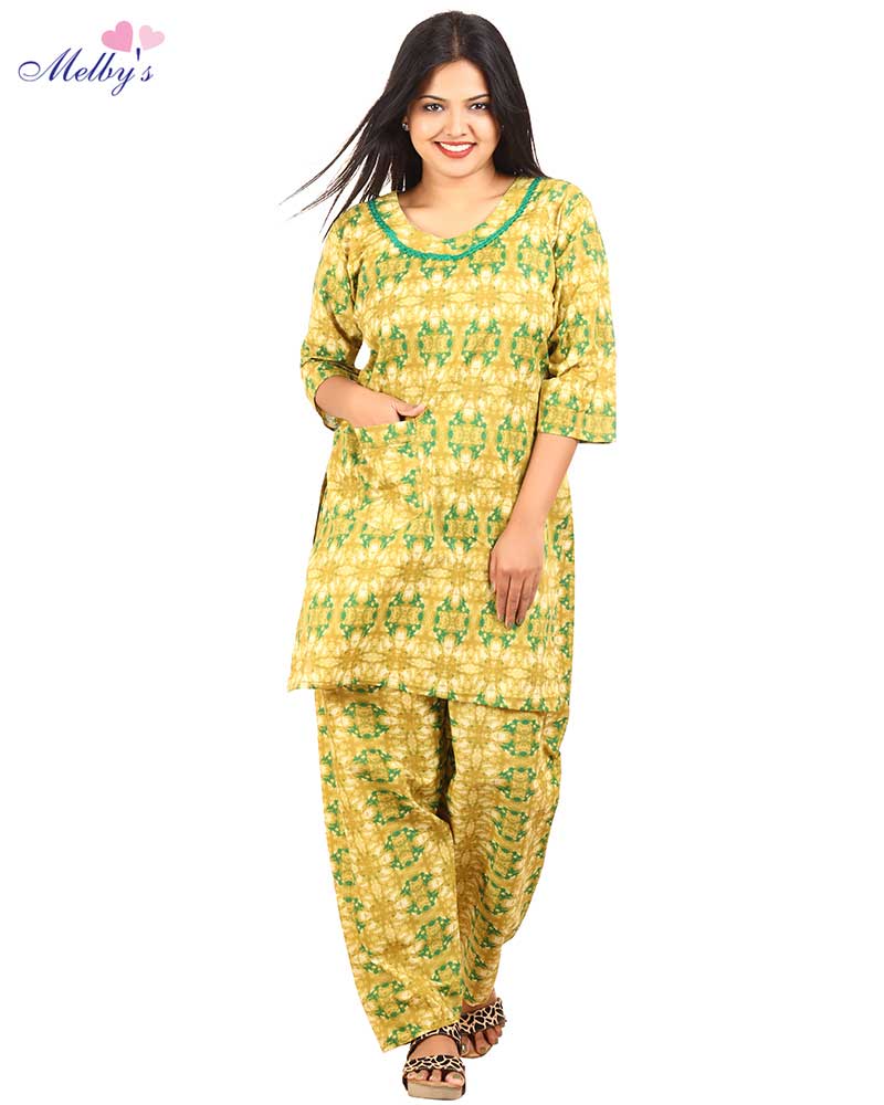 - Long Sleeve Night Suit In Cambric Cotton Fabric - Top & Pants - Yellow