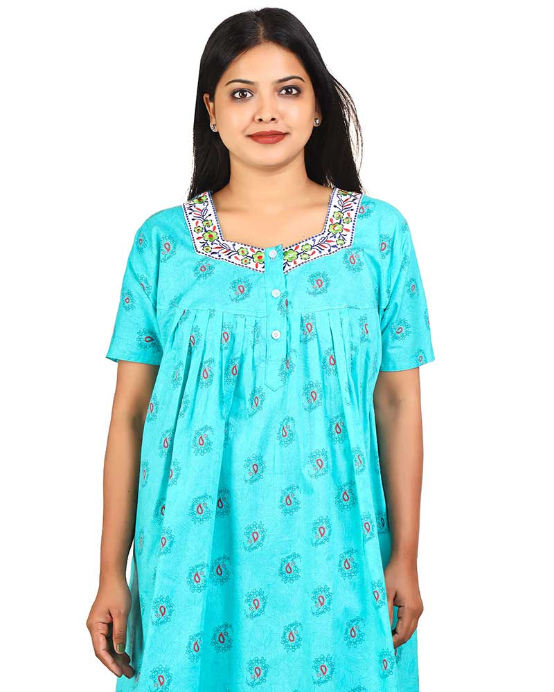 - Premium Quality Cotton Nighty, 57 Inches Long - Embroidery Neck - Green