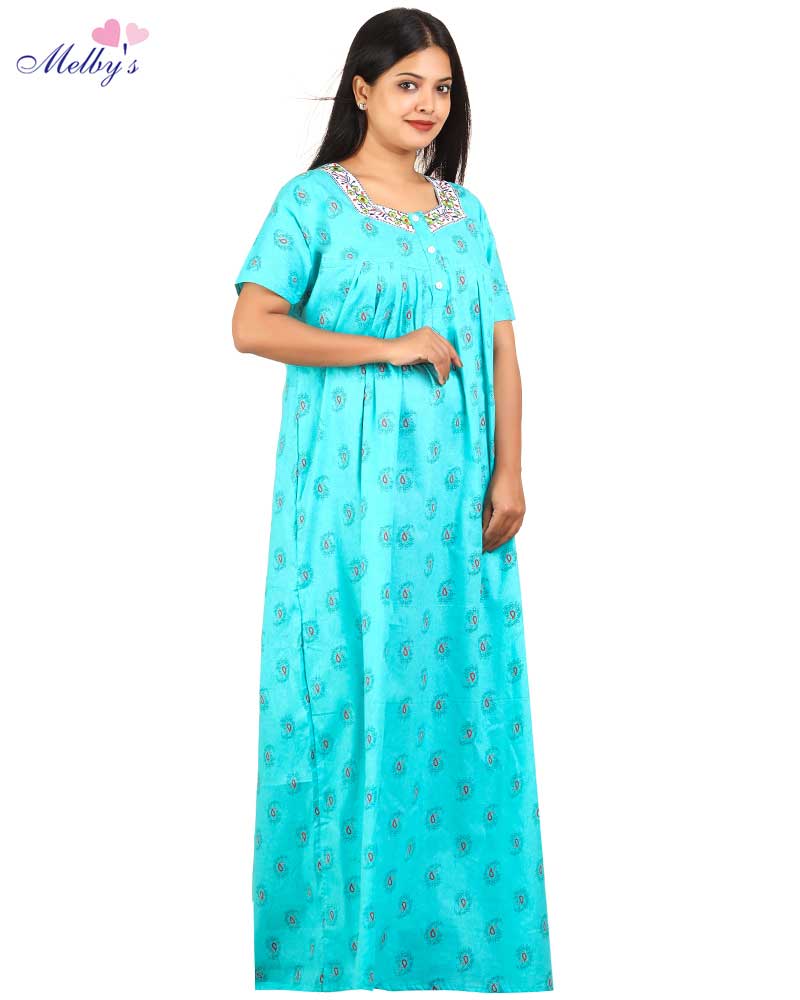- Premium Quality Cotton Nighty, 57 Inches Long - Embroidery Neck - Green