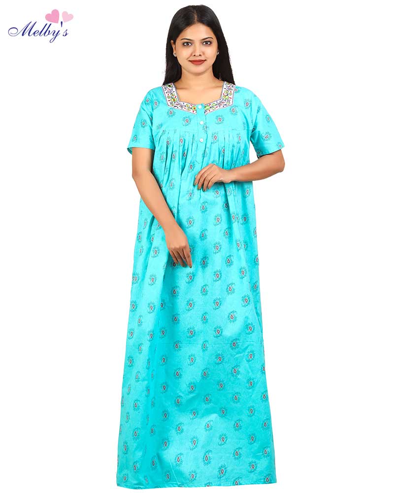- Premium Quality Cotton Nighty, 57 Inches Long - Embroidery Neck - Green
