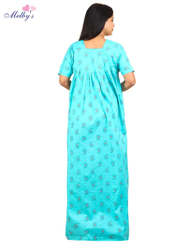 - Premium Quality Cotton Nighty, 57 Inches Long - Embroidery Neck - Green