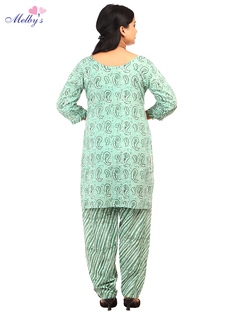- Long Sleeve Night Suit In Cambric Cotton Fabric - Short Top And Pants