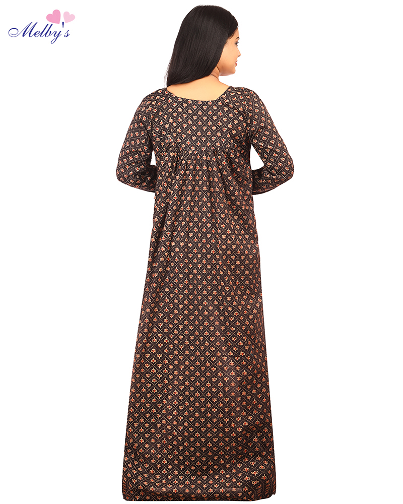 - Premium Cambric Cotton Nighty With Long Sleeves - Buttons Type