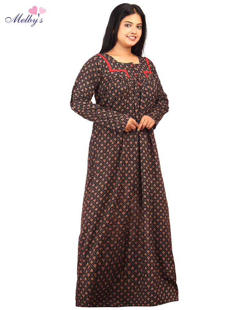 - Premium Cambric Cotton Nighty With Long Sleeves - Buttons Type