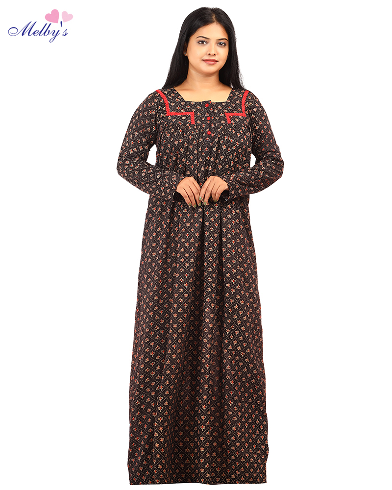 - Premium Cambric Cotton Nighty With Long Sleeves - Buttons Type