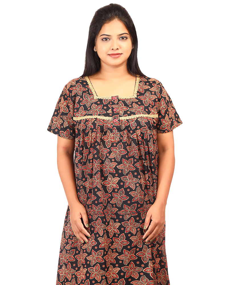 - Comfortable Cambric Cotton Nighty With Buttons -55 Inches Long