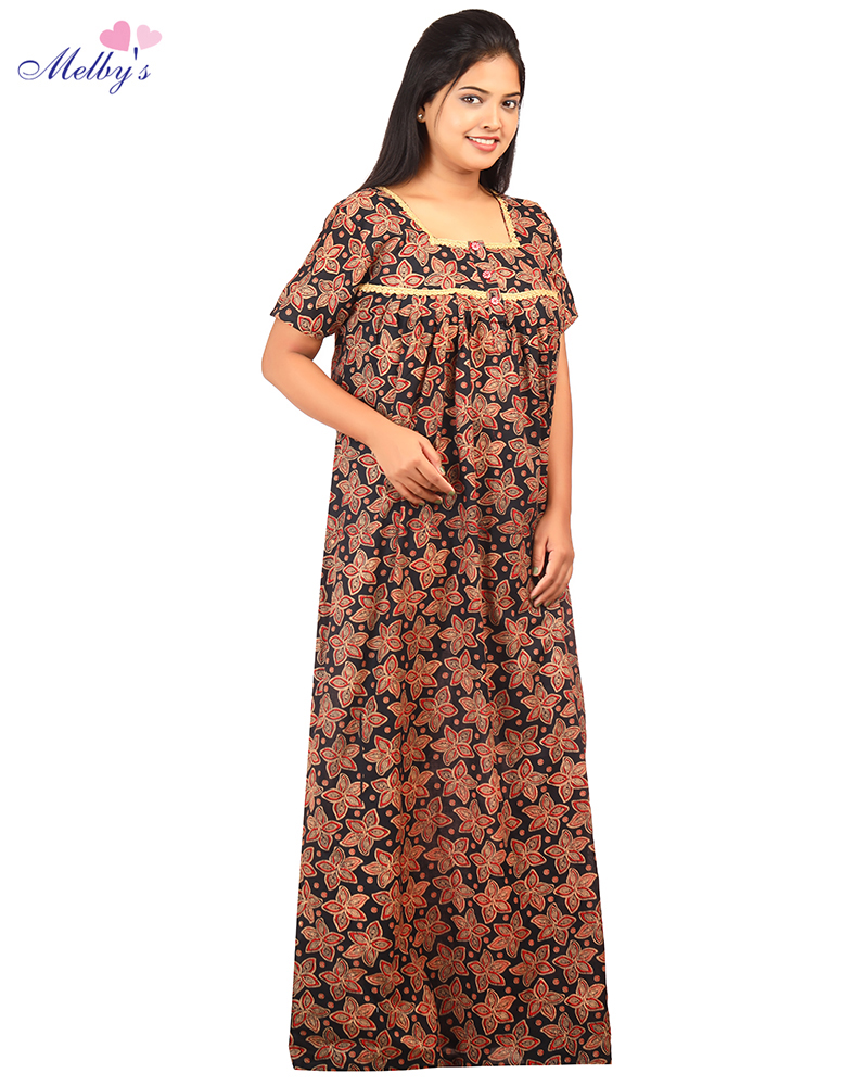 - Comfortable Cambric Cotton Nighty With Buttons -55 Inches Long
