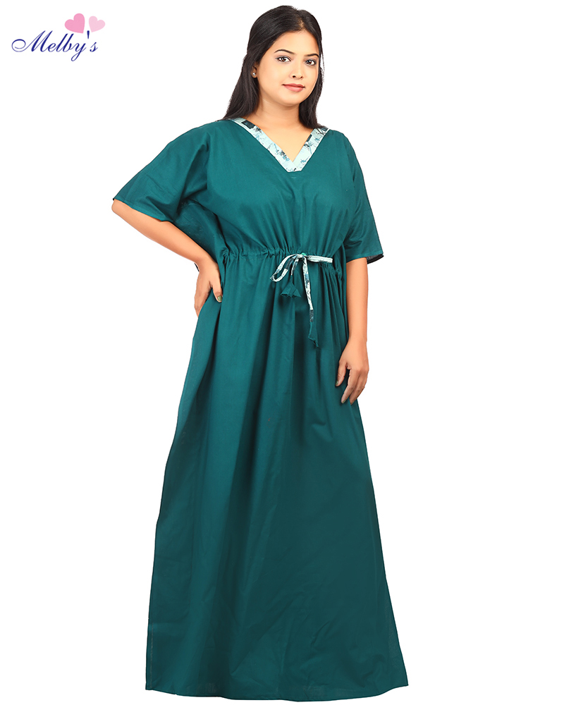 - Premium Quality Cotton Kaftan nighty - 55 Inches Length - Green