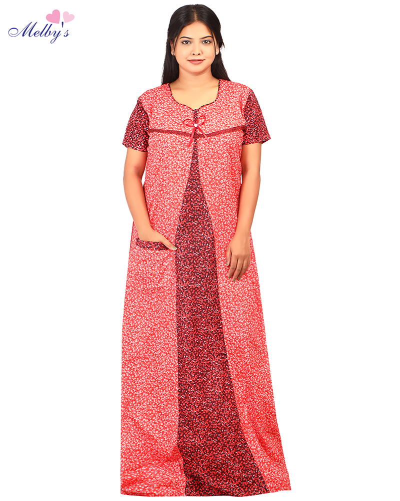 - Churidar Model Nighty With Buttons -55 inches long - Red