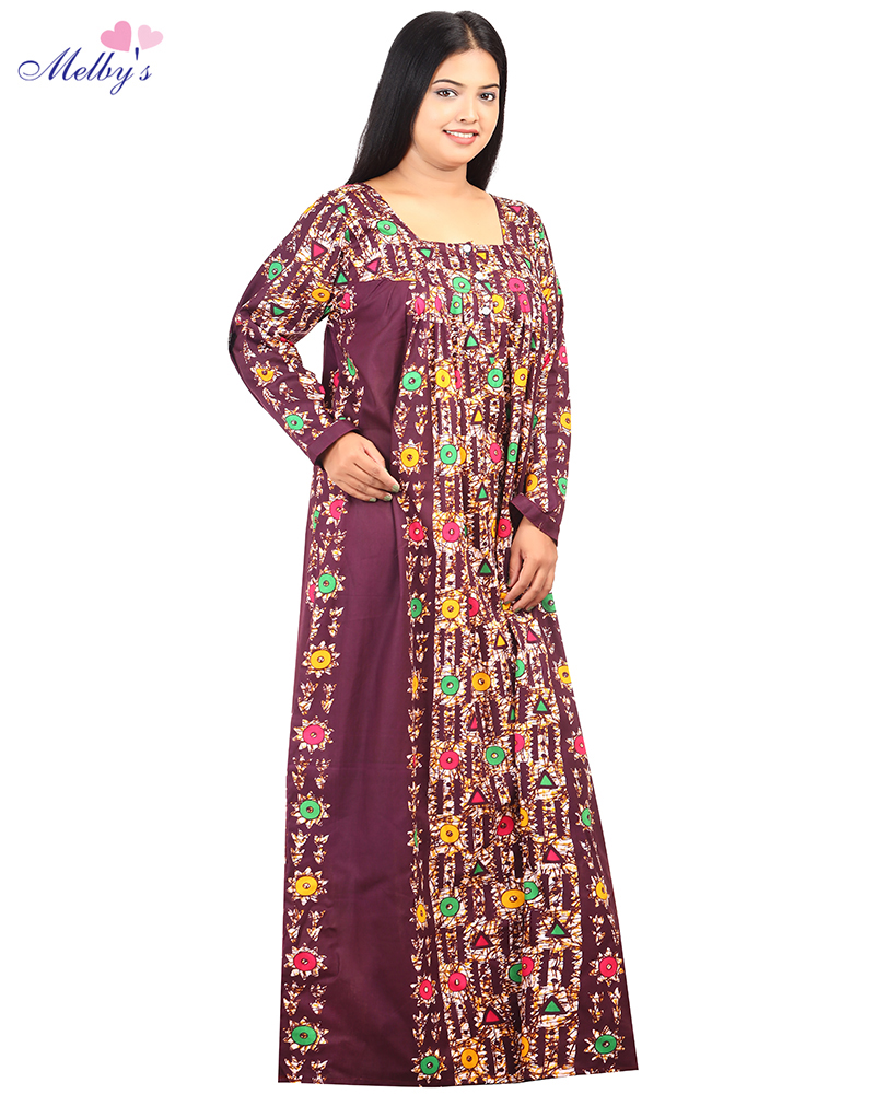 - Premium Cambric Cotton Nighty With Long Sleeves - Buttons Type - Maroon