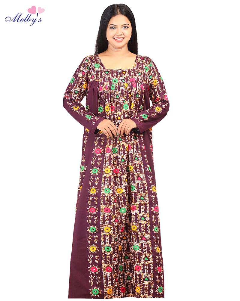 - Premium Cambric Cotton Nighty With Long Sleeves - Buttons Type - Maroon