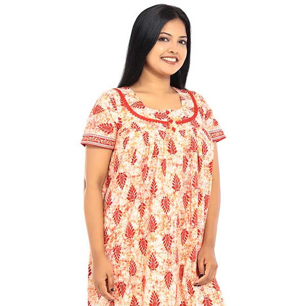 Front Open Cotton Nighty With Buttons, 55 Inches Long