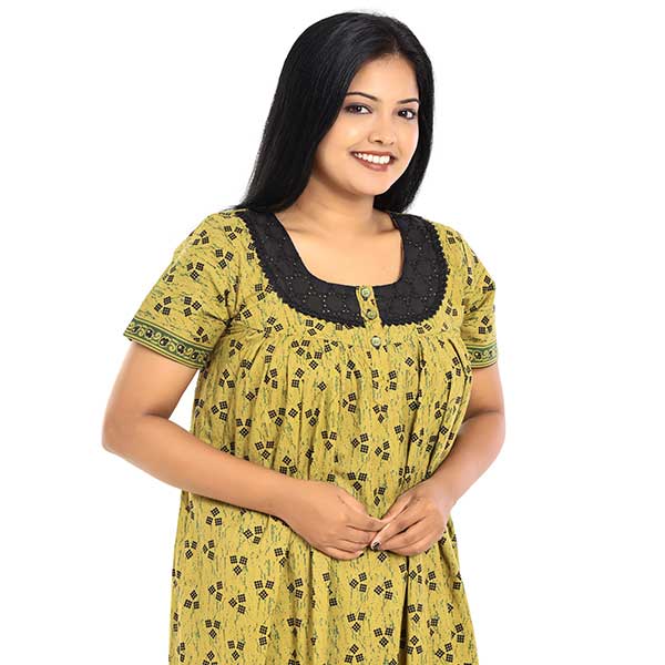 Front Open Cotton Nighty With Buttons, 55 Inches Long - Yellow