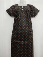 Front Open Cotton Nighty With Buttons, 55 Inches Long - Black - Image 2