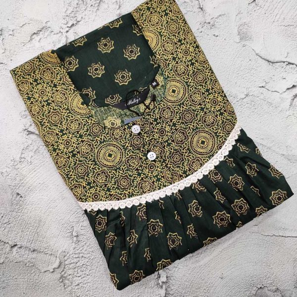 Front Open Cotton Nighty With Buttons, 55 Inches Long - Green
