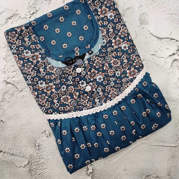 Front Open Cotton Nighty With Buttons, 55 Inches Long - Blue