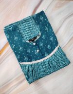 Front Open Cotton Nighty With Buttons, 55 Inches Long  - Blue