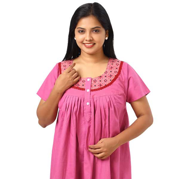 Front Open Cotton Nighty With Buttons, 55 Inches Long - Pink